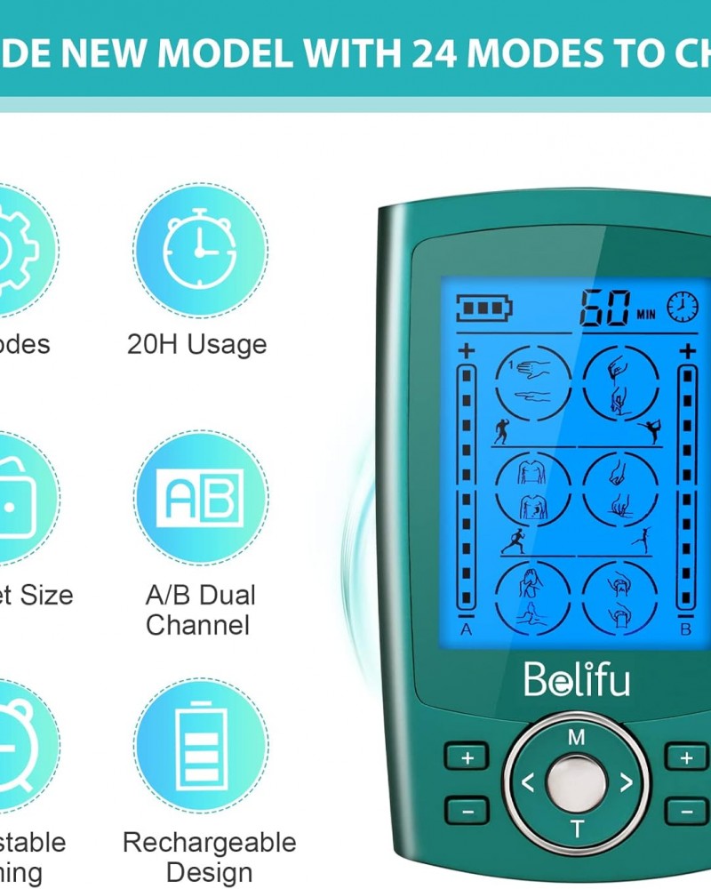 Belifu Dual Channel TENS EMS Unit 24 Modes Muscle Stimulator for Pain Relief Therapy, Electronic Pulse Massager Muscle Massager with 10 Pads, Dust-Proof Drawstring Storage Bag, Fastening Cable Ties